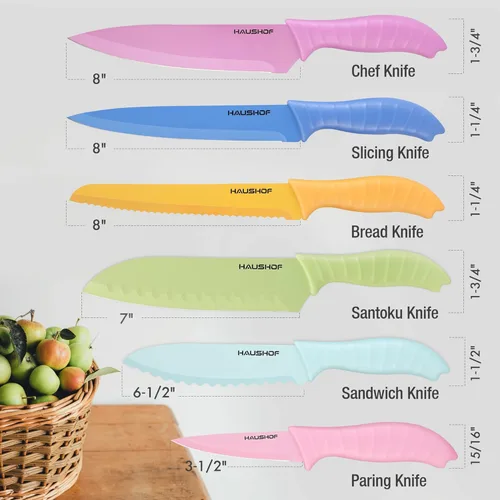 Miniatura 2 de HAUSHOF Juego de cuchillos de cocina, juego de 12 cuchillos coloridos con 6 fundas para cocina, cuchillas de acero inoxidable con revestimiento