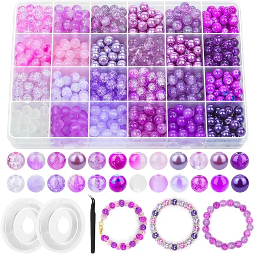 PAXCOO 720 piezas Cuentas de vidrio para hacer joyas 8mm, kit de fabricación de pulseras con cuentas redondas sueltas de 24 colores en púrpura para