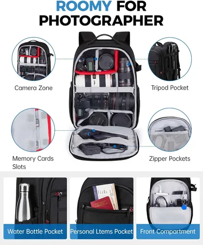 Miniatura 4 de BAGSMART Bolsa para cámara DSLR, mochilas impermeables para fotógrafos, funda para cámara con compartimento para laptop, 15.6 pulgadas, color negro