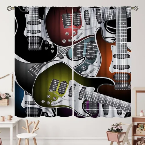 Miniatura 20 de Cortinas de notas musicales, rústicas, mágicas, notas musicales, arte retro, piano y violín, cortina con bolsillo para barra para dormitorio, sala