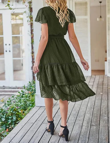 Miniatura 3 de SDEER - Vestido de gasa con mangas con volantes y lunares para mujer, vestido de verano cruzado con cuello en V y volantes laterales, vestido midi