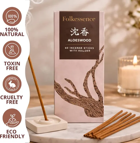 Miniatura 4 de Folkulture Varillas de incienso japoneses Paquete de 60 inciensos de madera de aloe premium Sin carbón, sin humo negro Aroma amaderado