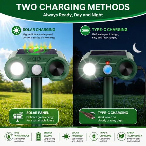 Miniatura 5 de Paquete de 2 repelentes solares de animales al aire libre, repelente de gatos recargable por USB, dispositivos repelentes de ciervos para exteriores