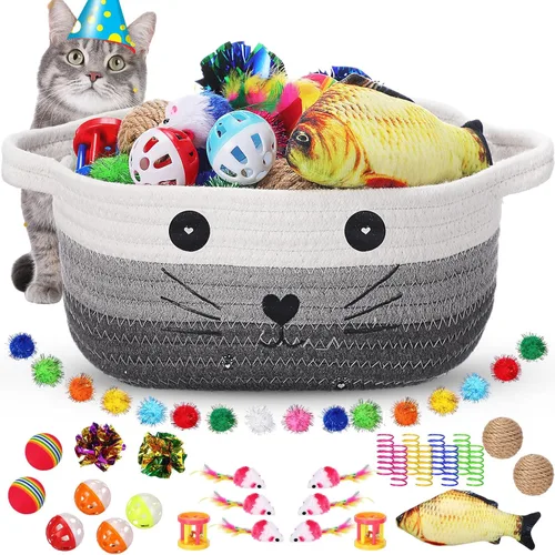 Miniatura 13 de Zopeal - Juego de 58 cestas de almacenamiento para gatos de verano, juguetes de regalo, bolas intermitentes coloridas para mascotas, bolas Negro