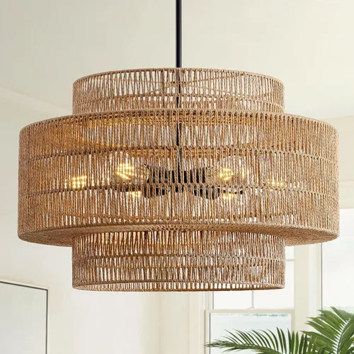 Miniatura 12 de 12.4” Candelabro de ratán boho, 1 luz, lámpara colgante tejida a mano, lámpara colgante rústica de estilo granja para isla de cocina, recámara