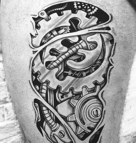 Miniatura 6 de 6 hojas de tatuajes temporales de equipo mecánico biomecánico para hombres, reloj de engranaje robot negro y gris, impermeable, calcomanías falsas