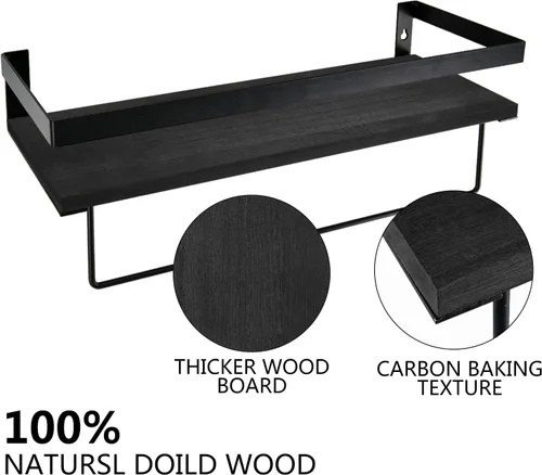 Miniatura 7 de Y&ME YM Estantes flotantes negros con toallero, juego de 2 estantes de baño para colgar en la pared, estantes decorativos flotantes de madera