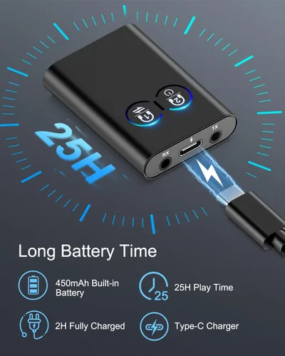 Miniatura 5 de Receptor transmisor Bluetooth 5.2, adaptador inalámbrico de avión 2 en 1, doble enlace AptX adaptativo/baja latencia/audio HD, adaptador auxiliar