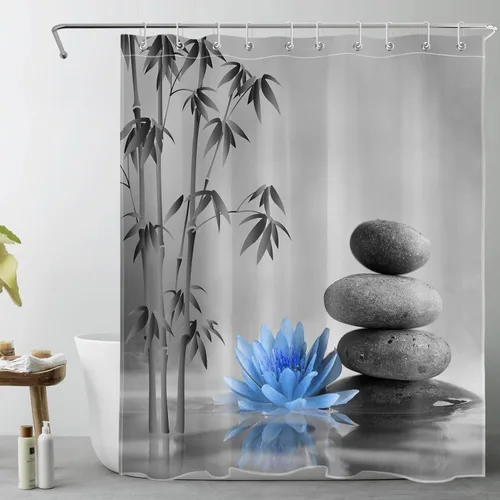 LB Cortina de ducha de spa Zen azul y gris, piedra de bambú gris con flor de lirio de agua azul, cortina de ducha moderna para spa, decoración de