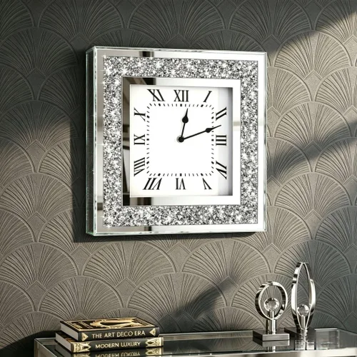 DMDFIRST Reloj de pared cuadrado con espejo de cristal triturado de diamante con decoraciones brillantes de chispa y centella para decoración,