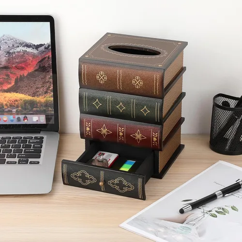 Miniatura 6 de Funda de madera antigua para caja de pañuelos con cajón de almacenamiento, soporte cuadrado para pañuelos decorativos, estuche dispensador de Parte