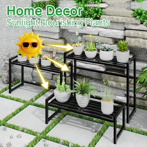 Miniatura 5 de Ekisemio Soporte de metal para plantas de 3 niveles, resistente al agua para interiores y exteriores, estante apilable para macetas altas y estante