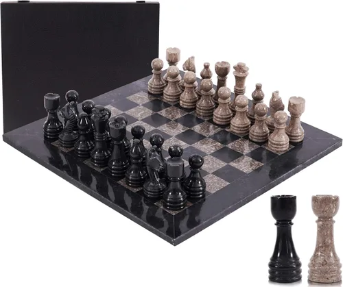 Miniatura 14 de Juego de ajedrez de mármol para adultos de 15 pulgadas, hecho a mano, juego de mesa negro y coral con 32 piezas de ajedrez, 2 reinas adicionales