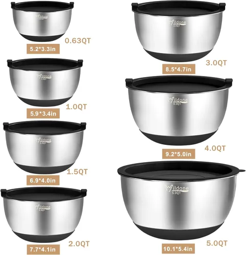 Miniatura 6 de Wildone Cuencos para mezclar con tapas herméticas, 27 PCS Cuencos de acero inoxidable anidables, con 3 accesorios de rallador, marca de escala