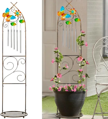 Enrejado de jardín con soportes para plantas, enrejado desmontable de metal de 48 pulgadas para maceta con diseño de mariposa con campanillas de