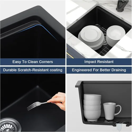 Miniatura 7 de Lordear Fregadero de Bar Empotrado de Granito Compuesto de 18 Pulgadas 18"x18" Fregaderos de Cocina de Cuarzo Compuesto Negro de Un Solo Tazón Bajo
