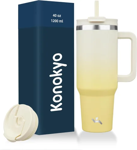 Miniatura 26 de Konokyo - Vaso de 40 onzas con asa y 2 pajillas, botella de agua aislada 2 en 1 con tapa. Taza de viaje de acero inoxidable para café, flores