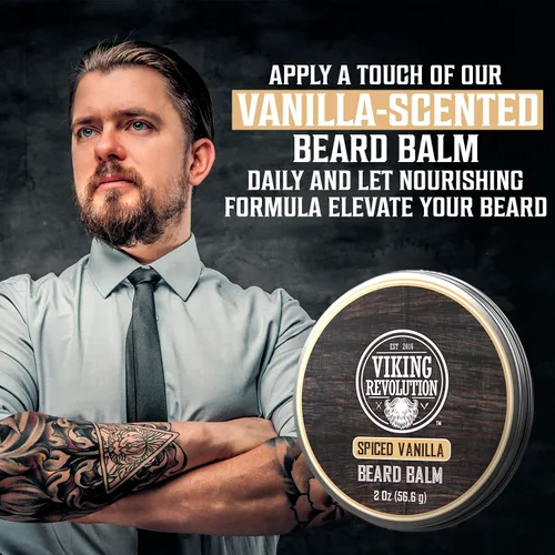 Miniatura 7 de Viking Revolution Bálsamo para barba de vainilla especiado – Mantequilla de barba con aceite de argán, suavizante de barba para hombres con aceite