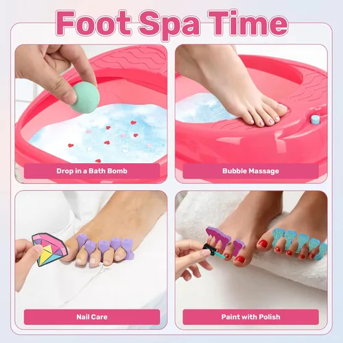 Miniatura 5 de Kit de spa de pies y arte de uñas para niños de 4 a 12 años, juego de spa de pies todo en 1 con luces coloridas y juego de manicura, divertido kit