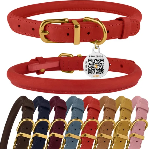 Miniatura 23 de Collar de cuero enrollado, redondo, suave y ajustable con placa de identificación por QR para perro pequeño, mediano y grande, cachorro y gato Rosa