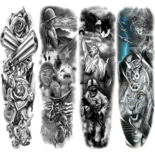Miniatura 15 de Manga de Tatuaje Temporal de León y Leopardo para Hombres y Mujeres, Manga Completa Grande de Bosque Negro Lobo Tribal, Tatuajes Falsos de Duración