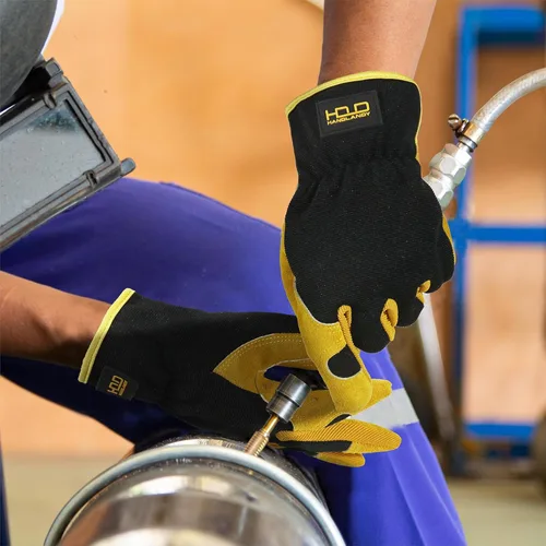 Miniatura 6 de HANDLANDY Guantes de jardinería de cuero para hombre, guantes de trabajo utilitarios para mecánicos, construcción, conductor 3 pares amarillo