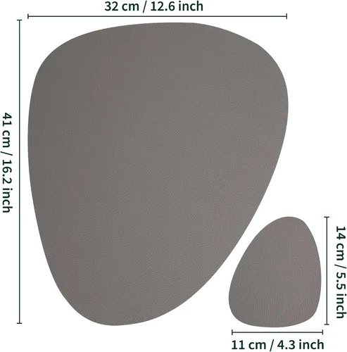 Miniatura 7 de Myir JUN Manteles individuales de doble cara, impermeables, de piel sintética, juego de 4 manteles individuales y posavasos, antideslizantes, Gris