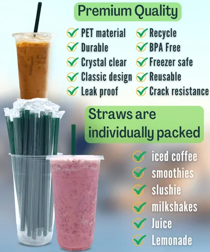 Miniatura 2 de Vasos de plástico transparente de 32 onzas con tapas y popotes, vasos desechables para bebidas frías, café helado, malteadas, batidos, 25