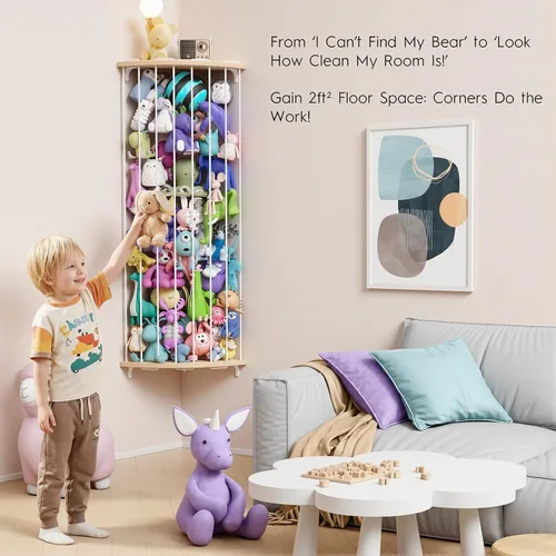 Miniatura 3 de Zoológico de almacenamiento de animales de peluche de esquina, organizador grande ajustable de juguetes de felpa de madera maciza, estante colgante