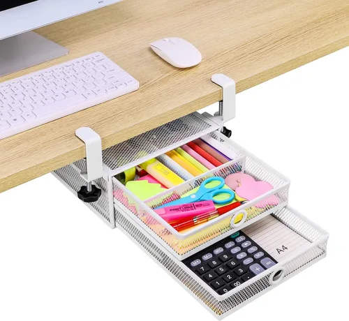 Miniatura 10 de ROSYLINE Organizador de cajones para debajo del escritorio y escritorio, organizador de cajones deslizantes de metal de 2 niveles, almacenamiento
