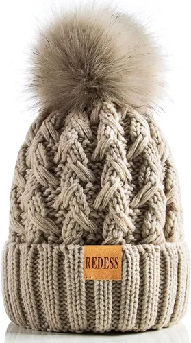 Miniatura 2 de REDESS Gorro de invierno con pompón para mujer, con forro polar, gorro grueso y holgado de punto cruzado para mujer
