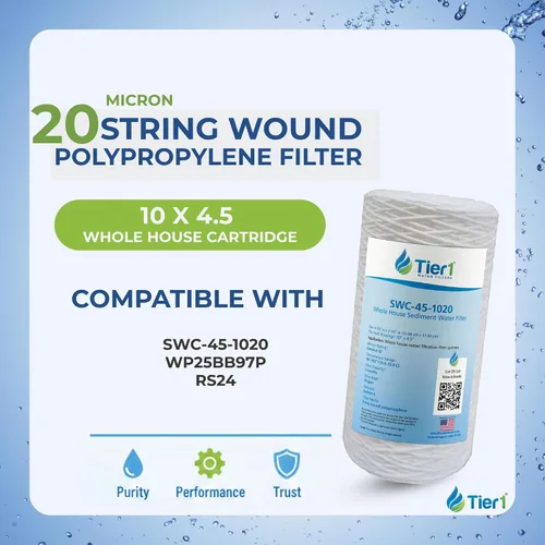 Miniatura 2 de Tier1 Filtro de agua de 20 micras de 10 x 4.5 pulgadas Cartucho de filtro de sedimentos de polipropileno enrollado para toda la casa Reemplazo
