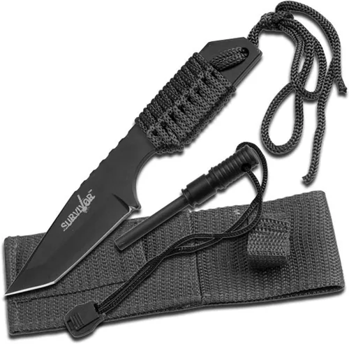Cuchillo de supervivencia Survivor Series HK-106320 con hoja tanto fija y mango envuelto en cuerda, total de 7 pulgadas, negro