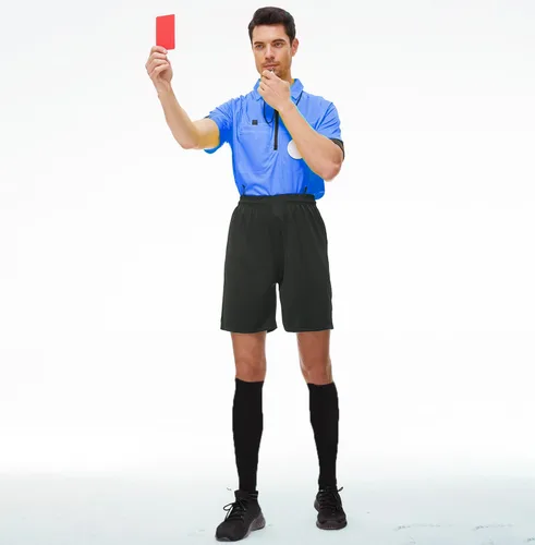Miniatura 6 de VKT Kit de árbitro de fútbol, camiseta de árbitro de fútbol, pantalones cortos, calcetines de referencia, silbato, tarjeta roja y amarilla