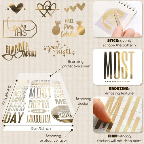 Miniatura 4 de Chinco 10 hojas de pegatinas para álbum de recortes 400+ piezas de pegatinas de oro de amor de transferencia en lámina, suministros para álbum