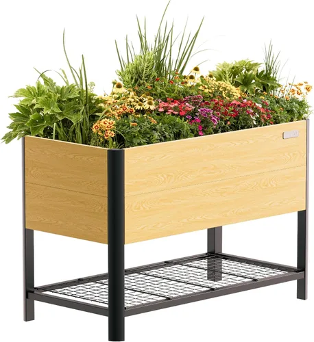 Miniatura 10 de Cama de jardín elevada con ruedas, macetas elevadas de grano de madera de metal de 2 x 4 pies con patas y estante de almacenamiento para patio