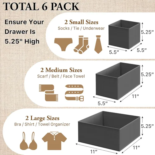 Miniatura 2 de Simple Houseware Organizador de Cajón de Ropa Interior para Lencería/Ropa Interior/Sostén/Bragas/Calcetines/Mameluco, Juego de 6, Gris Oscuro