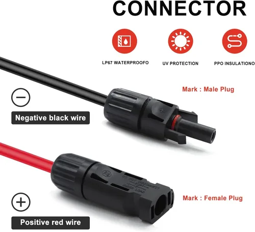 Miniatura 5 de Cable de Extensión Solar de Doble Hilo de 50 Pies - 10AWG (6mm) Negro y Rojo con Conectores de Panel Solar IP67 para Uso en Exteriores y Marino