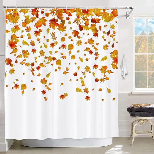 Miniatura 10 de GOOESING Cortinas de ducha de calabaza a cuadros otoñales, calabazas de otoño, hojas de arce, cortina de baño impermeable para baño, juego