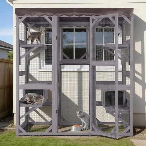 Miniatura 10 de Aivituvin Catio - Casa para gatos con ventana grande para gatos al aire libre, jaula para gatos con poste rascador para gatos, techo de lona, 7