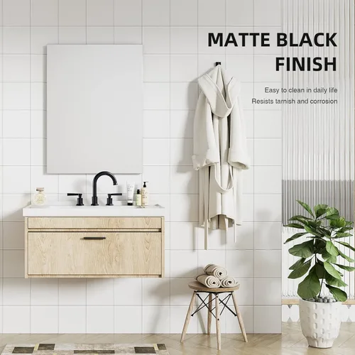 Miniatura 2 de TRUSTMI Grifo de baño negro mate latón 2 manijas 8 pulgadas grifo de tocador de lavabo con desagüe de fregadero de desbordamiento de metal Mate negro