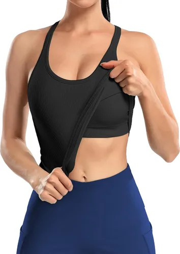 Miniatura 80 de ATTRACO Camiseta corta acanalada de entrenamiento para mujer con brasier integrado para yoga, espalda cruzada, ajuste ajustado