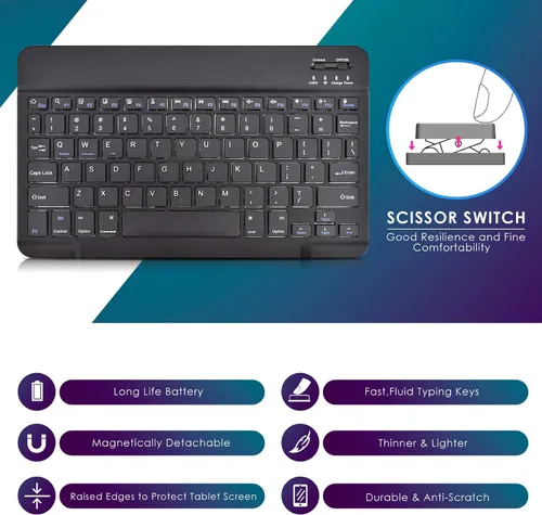 Miniatura 6 de DETUOSI Funda universal para tableta Android de 10.1 pulgadas con teclado, teclado Bluetooth inalámbrico extraíble + funda de cuero sintético +