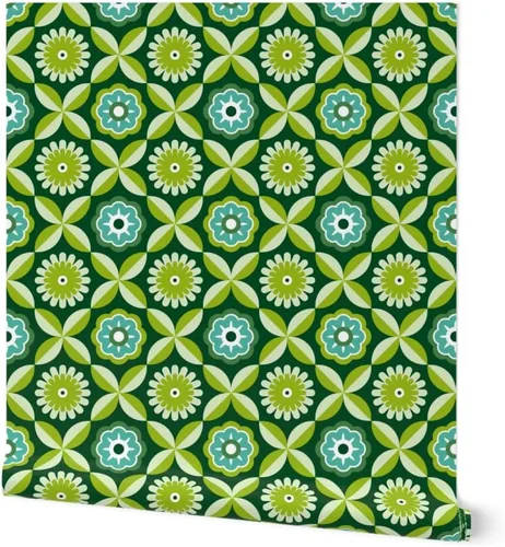 Papel tapiz para despegar y pegar, diseño retro verde con diseño de flores vintage botánicas de los años 70 y 1960 Spoonflower
