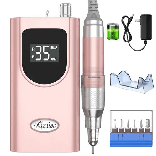 Kredioo Taladro de uñas, 35000 rpm, para uñas acrílicas, profesional, inalámbrico, eléctrico, recargable, portátil, 6 peditos, herramientas Dremel