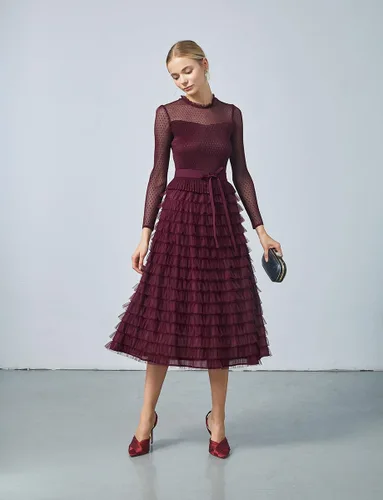 Miniatura 4 de Women's Long Sleeve Mesh Layered Chiffon Midi Dresses for Wedding Guest, Cocktail, Prom, Evening Party