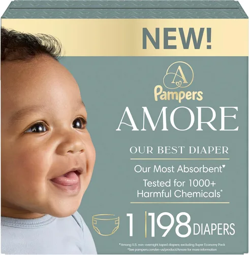 Miniatura 19 de Pampers Amore, tamaño 3 (13-26 libras), 66 unidades, nuestro mejor pañal, hipoalergénico y sin fragancia, hasta 100% a prueba de fugas, suave como