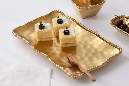 Miniatura 4 de Pampa Bay Bandeja mediana de porcelana chapada en titanio, 14.3 x 8 pulgadas, tono dorado mate, horno, congelador, apto para lavavajillas