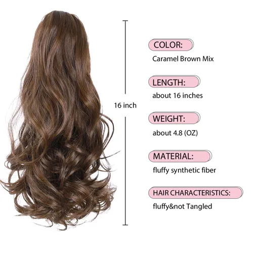 Miniatura 2 de Extensiones de cabello castaño para mujer, pinza de extensiones de cola de caballo, postizo rizado de 16 pulgadas, extensiones de cola de caballo