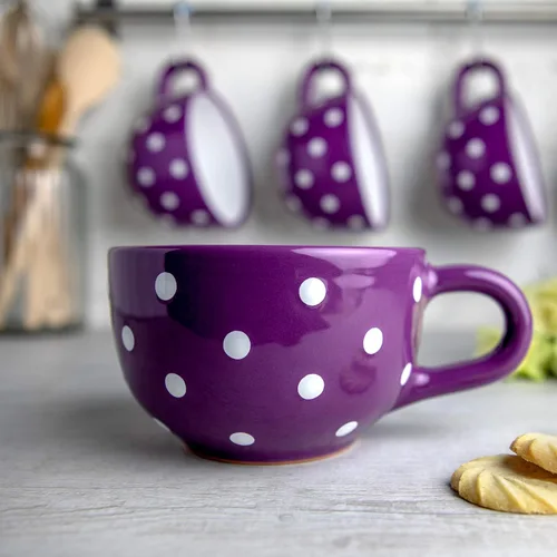 Miniatura 2 de City to Cottage Taza de cerámica hecha a mano con diseño de lunares morados y blancos, taza única extra grande de 17.5 onzas / 16.9 fl oz de Púrpura
